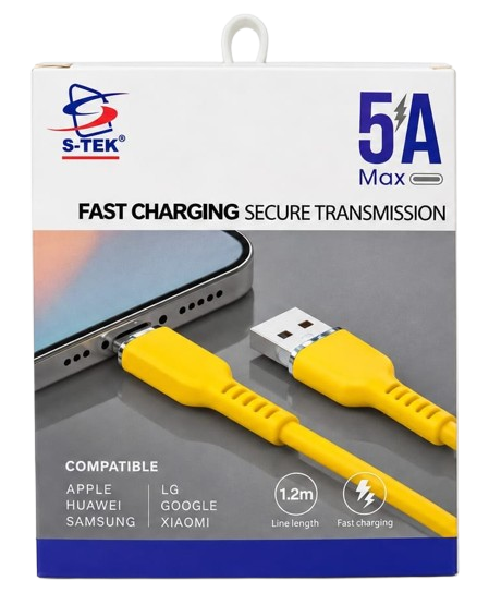 S-Tek Fast-Charging USB Cable with a Yellow Connector and a Length of 1.2 Mtr
